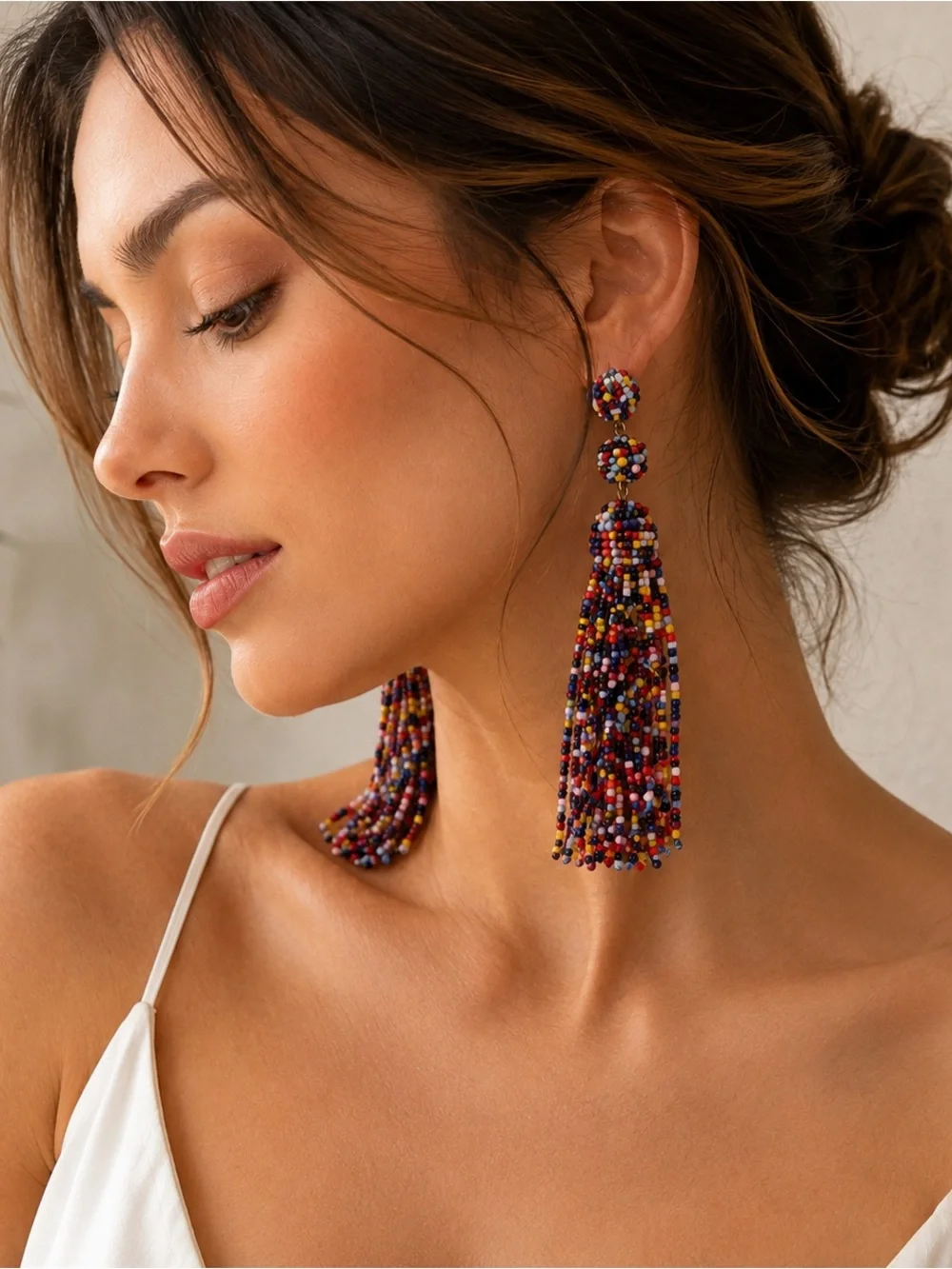 Vintage Multicolor Seed Bead Tassel Earrings Long Statement Boho NOS Unworn
